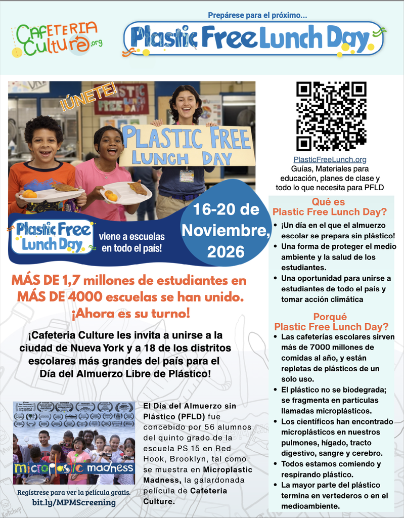 Flyer promoting Plastic Free Lunch Day, featuring dates, QR code, event details in Spanish, logos, and colorful text encouraging New York schools to join the November 2026 event.