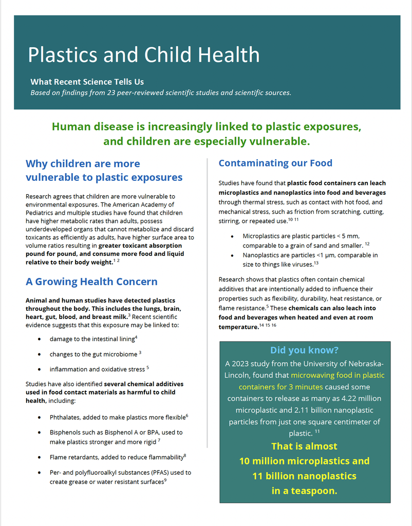 An informational poster about plastics and child health, highlighting vulnerability to plastic exposure and food contamination, with bullet points and statistics on health risks and nanoplastics.