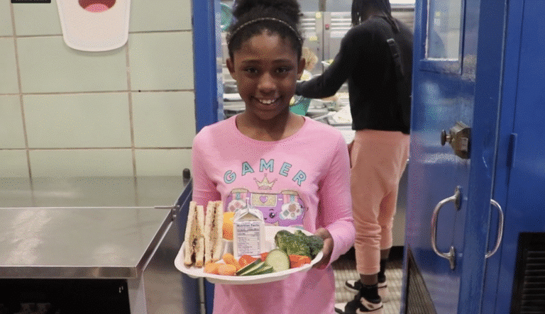 A girl stands indoors holding a cafeteria tray with vegetables, sandwich halves, carrots, cucumber, broccoli, and a juice box.
