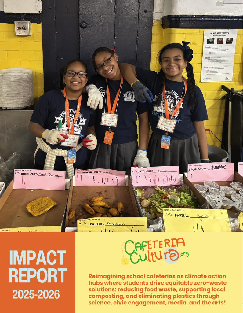Three smiling students in matching shirts and gloves stand behind food sorting bins in a school cafeteria, promoting waste reduction as part of Cafeteria Culture’s 2025-2026 impact report.
